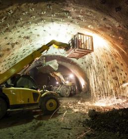 Cherry picker lift machine working in underground tunnel